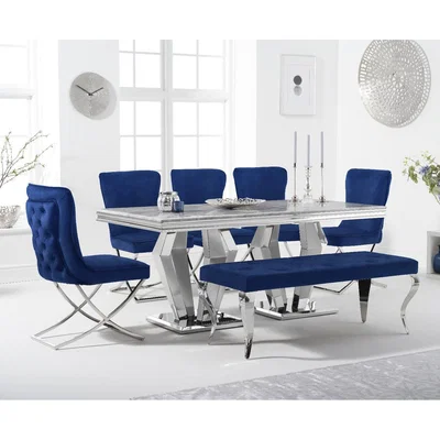 Oak&More Viscount 180cm Marble Dining Table with Giovanni Velvet Chairs and Blue Fitzrovia Bench - Grey, 2 Chairs