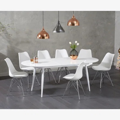 Oak&More Olivia Extending White High Gloss Dining Table With 10 Light Grey Celine Chairs