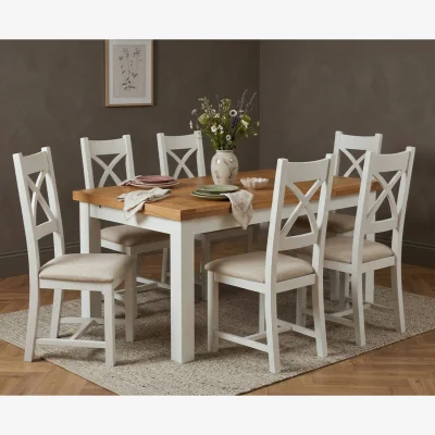 Oak&More Extending Buxton 140cm Oak and Signal White Painted Dining Table with 6 Linen Painted Chairs