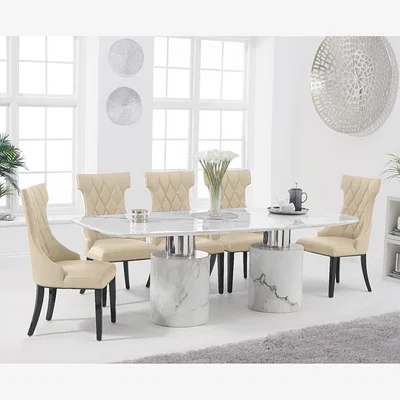 Oak&More Antonio 220cm White Marble Table With 8 Cream Sophia Chairs