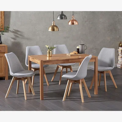 Oak&More York 120cm Solid Oak Dining Table With 4 Light Grey Orson Fabric Chairs