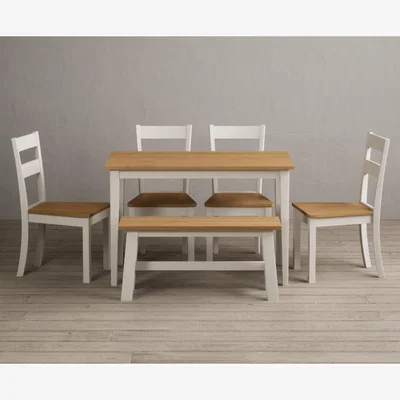 Oak&More Kendal 115cm Solid Oak and Cream Painted Dining Table with 2 Brown Kendal Chairs with 1 Oak and Cream Bench