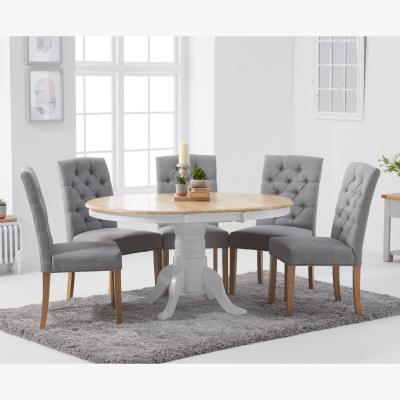 Oak&More Epsom Oak and White Painted Pedestal Extending Table With 6 Grey Isabella Fabric Chairs
