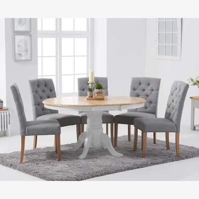 Oak&More Epsom Oak and White Painted Pedestal Extending Table With 6 Grey Isabella Fabric Chairs