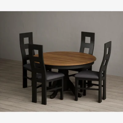 Oak&More Hertford 120cm Fixed Top Oak and Black Painted Dining Table with 6 Rustic Oak Painted Chairs