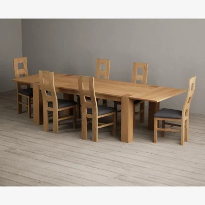 Oak&More Sheringham 200cm Solid Oak Dining Table with Sheringham Oak Extensions (Pair) with 12 Linen Natural Chairs