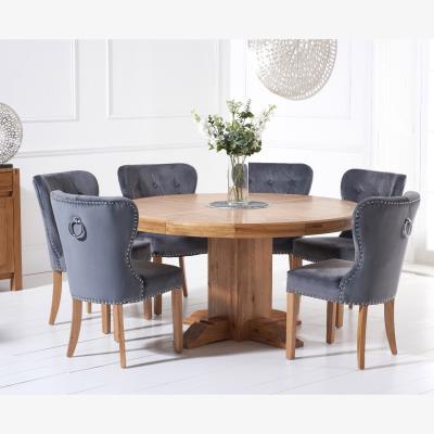 Oak&More Torino 150cm Solid Oak Round Pedestal Dining Table With 8 Blue Knightsbridge Velvet Chairs