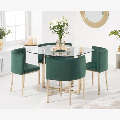 Oak&More Algarve Glass Stowaway Dining Table Gold Leg with Green Velvet High Back Stools - Green, 4 Chairs