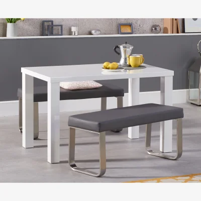 Oak&More Seattle 120cm White High Gloss Dining Table with 2 Grey Benches