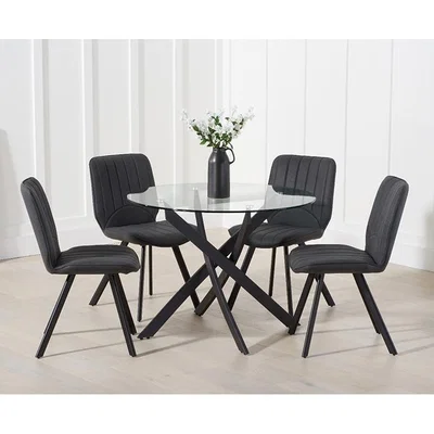 Oak&More Mara 100cm Round Glass Dining Table with Dexter Faux Leather Chairs