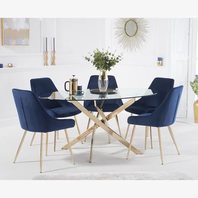 Oak&More Denver 165cm Oval Gold Leg Glass Dining Table With 6 Grey Fern Velvet Chairs
