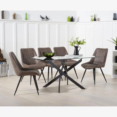 Oak&More Mara 160cm Glass Dining Table with 4 Brown Brody Chairs