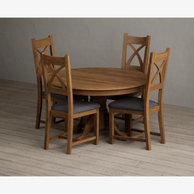 Oak&More Hertford 120cm Fixed Top Rustic Oak Dining Table with 6 Linen Rustic Solid Oak Chairs