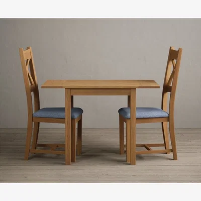 Oak&More Extending York 70cm Solid Oak Dining Table with 4 Blue Natural Solid Oak Chairs