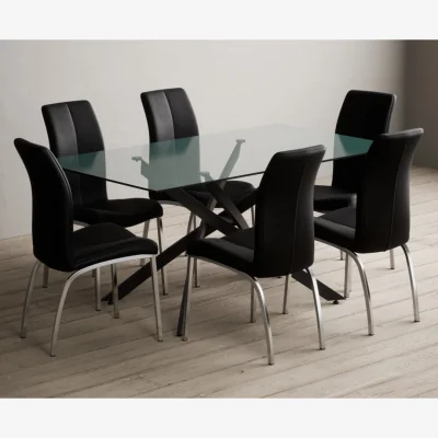 Oak&More Bernini 160cm Black Leg Rectangular Glass Dining Table with 4 Black Marco Chairs