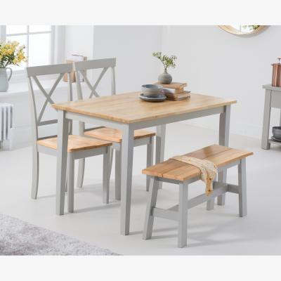Oak&More Chiltern 114cm Oak and Grey Painted Table With 2 Oak and Grey Epsom Chairs and 2 Oak and Grey Chiltern Benches