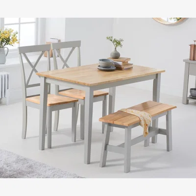 Oak&More Chiltern 114cm Oak and Grey Painted Table With 2 Oak and Grey Epsom Chairs and 2 Oak and Grey Chiltern Benches