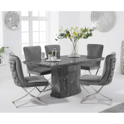 Oak&More Carvelle 160cm Grey Marble Table with Giovanni Velvet Chairs - Blue, 4 Chairs