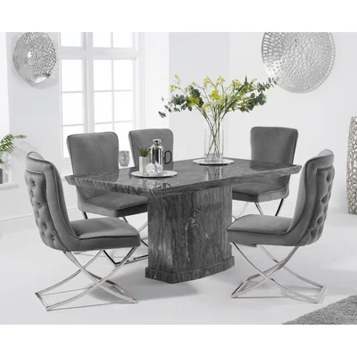 Oak&More Carvelle 160cm Grey Marble Table with Giovanni Velvet Chairs - Blue, 4 Chairs
