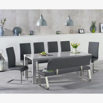Oak&More Atlanta 200cm Light Grey High Gloss Dining Table with 6 Grey Austin Chairs with 1 Grey Bench