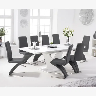 Oak&More Halo 160cm White High Gloss Extending Dining Table With 6 Grey Hampstead Faux Leather Chairs
