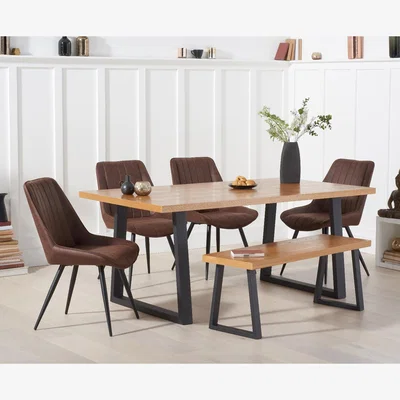 Oak&More Urban 180cm Industrial Dining Table with Marcel Antique Chairs and Benches - Brown, 4 Chairs