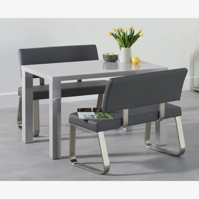 Oak&More Atlanta 120cm Light Grey High Gloss Dining Table with Austin Benches with Backs