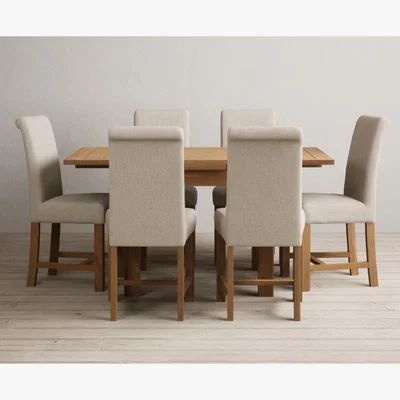 Oak&More Extending Buxton 90cm Solid Oak Dining Table with 6 Charcoal Grey Scroll Back Chairs