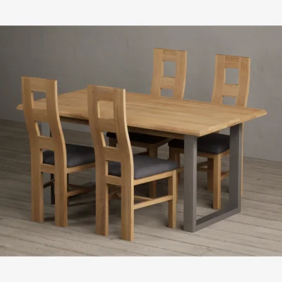 Oak&More Parker 160cm Solid Oak Dining Table with 8 Blue Natural Chairs