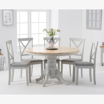 Oak&More Epsom 120cm Oak and Grey Painted Round Pedestal Table With 6 Grey Chairs With Grey Fabric Seats