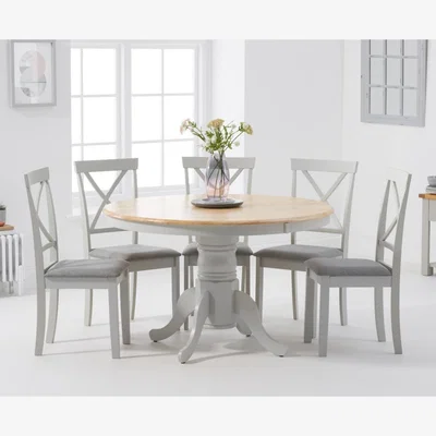Oak&More Epsom 120cm Oak and Grey Painted Round Pedestal Table With 6 Grey Chairs With Grey Fabric Seats