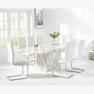 Oak&More Calacatta 220cm Marble-Effect Dining Table With 6 White Malaga Chairs