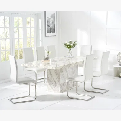 Oak&More Calacatta 220cm Marble-Effect Dining Table With 6 White Malaga Chairs