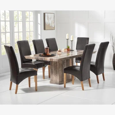 Oak&More Carvelle 200cm Brown Pedestal Marble Dining Table With 10 Brown Cannes Chairs