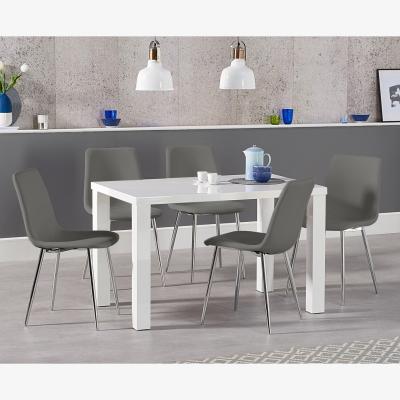Oak&More Seattle 120cm White High Gloss Dining Table With 4 Grey Astrid Faux Leather Chairs
