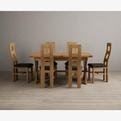 Oak&More Extending Buckley 160cm Solid Oak Dining Table with 8 Cream Natural Solid Oak Chairs