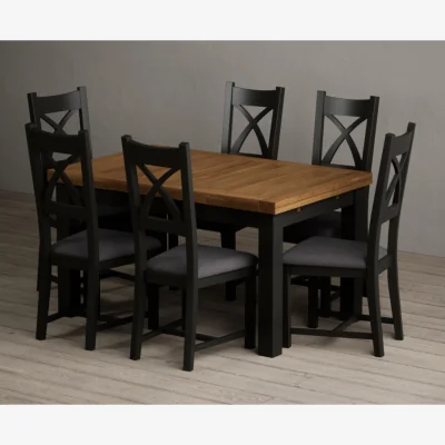 Oak&More Extending Buxton 140cm Oak and Black Painted Dining Table with 8 Linen Painted Chairs