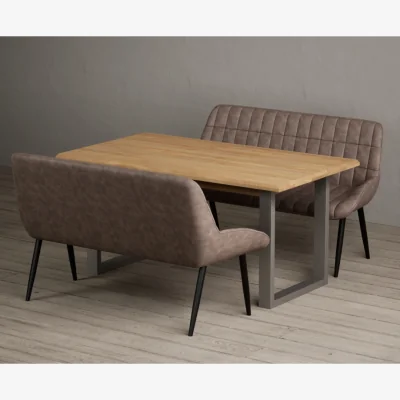 Oak&More Parker 160cm Solid Oak Dining Table with 2 Brown Benches