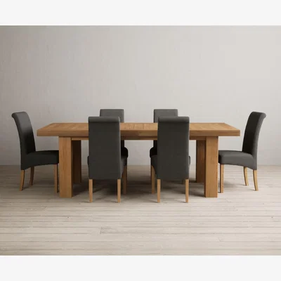 Oak&More Extending Callington 230cm Oak Dining Table with 6 Charcoal Grey Scroll Back Chairs