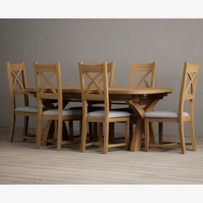 Oak&More Atlas 180cm Solid Oak Extending Dining Table With 6 Light Grey Natural Solid Oak X Back Chairs