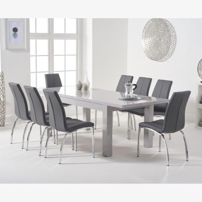 Oak&More Atlanta Light Grey Gloss 160-220cm Extending Dining Table With 10 Black Cavello Chairs