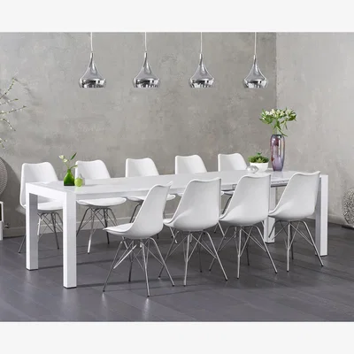 Oak&More Joseph White High Gloss Extending Table With 8 Light Grey Celine Chrome Leg Chairs
