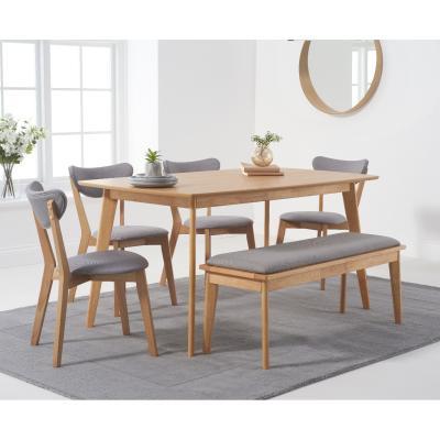 Oak&More Sacha 150cm Dining Table with Sacha Cushion Seat Chairs and Benches - Oak and Grey, 2 Chairs