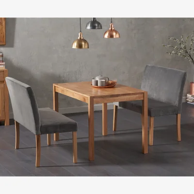 Oak&More York 120cm Solid Oak Dining Table with Lila Grey Velvet Benches with Backs