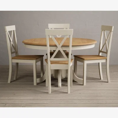 Oak&More Hertford 120cm Oak and Cream Painted Round Pedestal Table With 4 Charcoal Grey Hertford Chairs