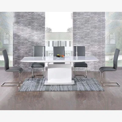 Oak&More Hailey 160cm White High Gloss Extending Dining Table With 4 Black Malaga Chairs