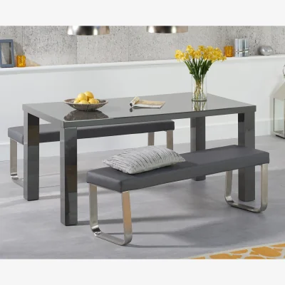 Oak&More Seattle 160cm Dark Grey High Gloss Dining Table with Austin Benches