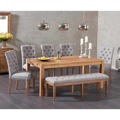 Oak&More Verona 180cm Solid Oak Dining Table with Claudia Fabric Chairs and Camille Grey Fabric Bench