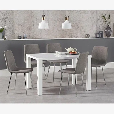 Oak&More Ex-display Atlanta 120cm White High Gloss Dining Table with 4 LIGHT GREY Helsinki Fabric Chrome Chairs