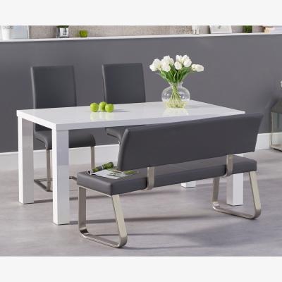 Oak&More Atlanta 160cm White High Gloss Dining Table With 4 Grey Austin Chairs And 2 Malaga Grey Benches